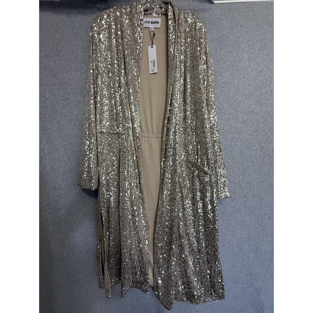 Steve Madden Coat Womens XS Gold Sequin Long Duster Open Front Tie‎ Waist Party